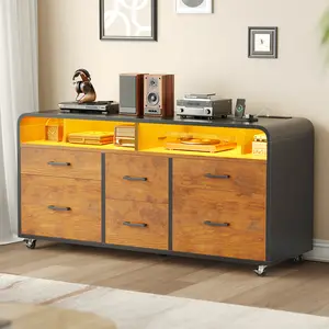 Sedeta 47" Modern Wood Mobile Lateral File Cabinet - 6 Drawers, Casters, Power Strip, LED Lights, Storage Shelf Printer Stand, Fits Legal/Letter/A4 Sizes for Home Office