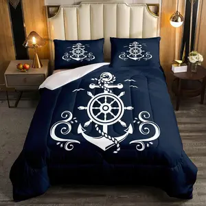 Nautical Anchor Bedding Set,Ocean Sailboat Navy Blue Down Comforter,Coastal Compass Comforter Set,Blue Ocean Theme Duvet Insert Bedroom Decor