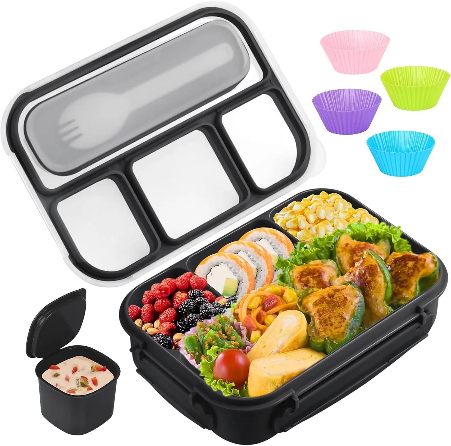Bento Box Adult Lunch Box, Bento Box Adult Lunch Containers, 5 Cup Box with 4 Compartments &Spork & Sauce Box, Leak-Proof, Microwave/Dishwasher Safe