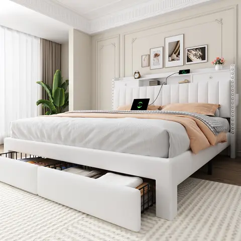TryLazy Furniture Bed Frame with 4 Drawers, Headboard with Storage and 2 USB & 1 Type-C Charging Ports, Noise-Free, No Box Spring Required, Easy Assembly