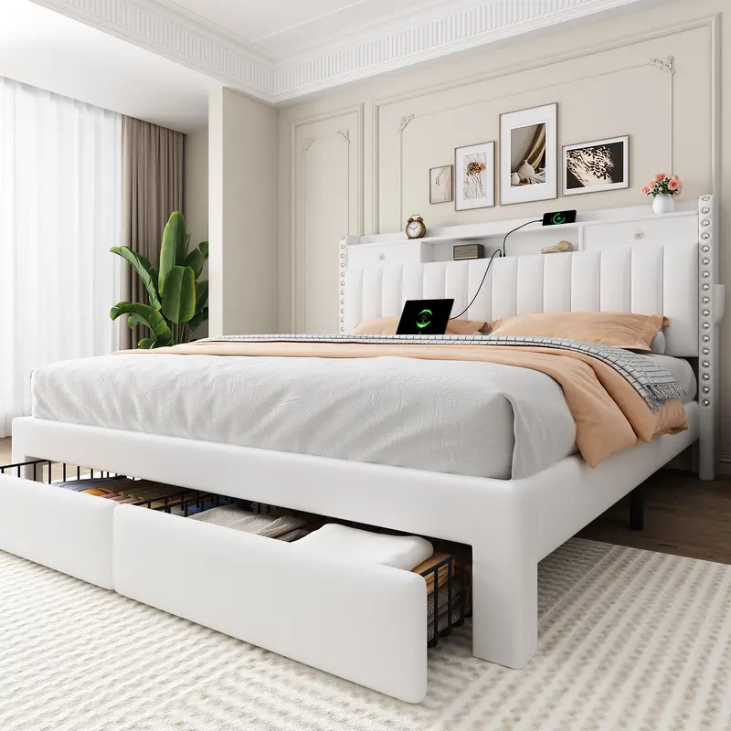 TryLazy Furniture Bed Frame with 4 Drawers, Headboard with Storage and 2 USB & 1 Type-C Charging Ports, Noise-Free, No Box Spring Required, Easy Assembly