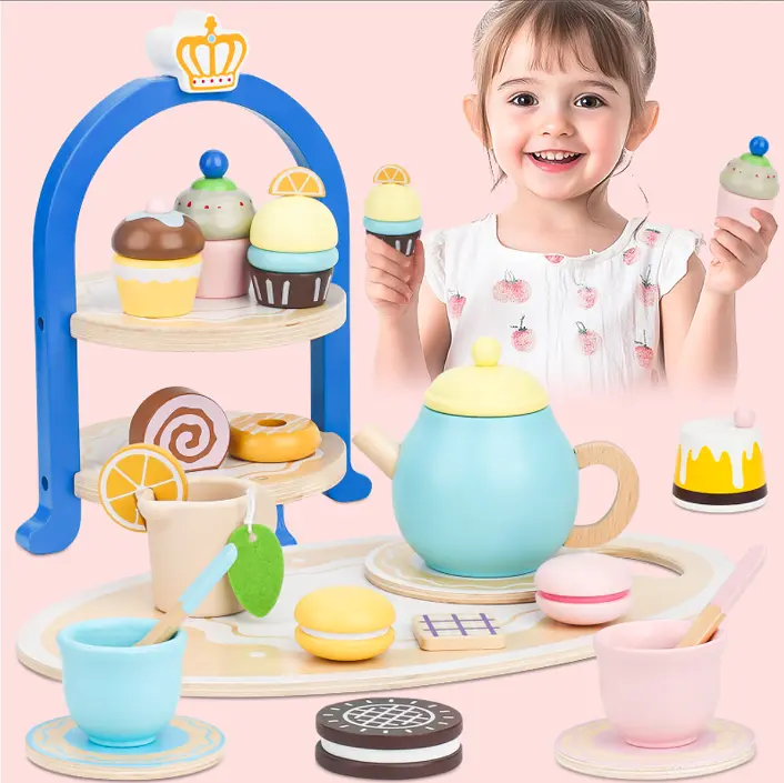 Solid Wood Princess Theme Toy Kitchen Tea Set for Toddlers 3-8 Years, Pretend & Imaginary Play Educational Toy with Cupcake Stand & Food Accessories, Birthday Gift for Kids