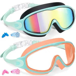 Kids Swimming Goggles, 2 Counts/set Anti-fogGoggles with Earplugs, Wide Vision DesignComfortable Silicone Material Goggles for Boys &Girls, Diving Swimming Goggles