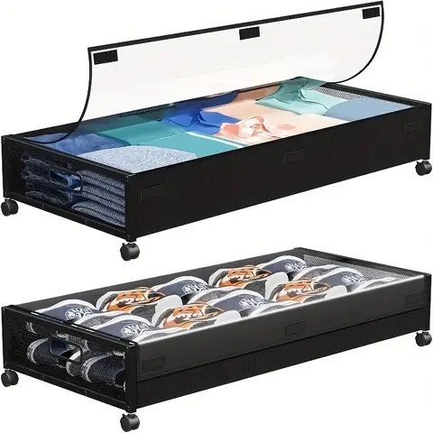 2pack Black Classic Rectangle Under-Bed Storage Boxes with Metal Rolling Wheels, Flip Top Lid, Pullout Drawers - Home Supplies Bedroom Organisers for Clothes, Shoes to Reclaim Floor Space