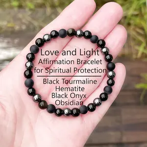 Black Onyx Black Tourmaline Obsidian Hematite Natural 6mm Round Beads Women's Dainty Bracelet for Spiritual Protection