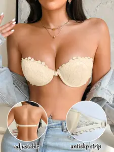 Women's Lace Strapless Push-Up Bra, Front Buckle Underwear, Adjustable Back Straps + Non-Slip Strip, Invisible Backless Bra, Fits Gowns/wedding Dresses