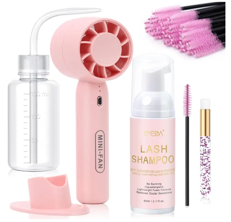 EMEDA Lash Shampoo Kit 2.02 fl oz Lash Cleaning Kit with Rechargeable Fan Dryer/Brush/Rinse Bottle, Oil-free Cleanser Wash for Extensions & Clusters & Natural Eyelashes, Cleaner for Eyelash Care