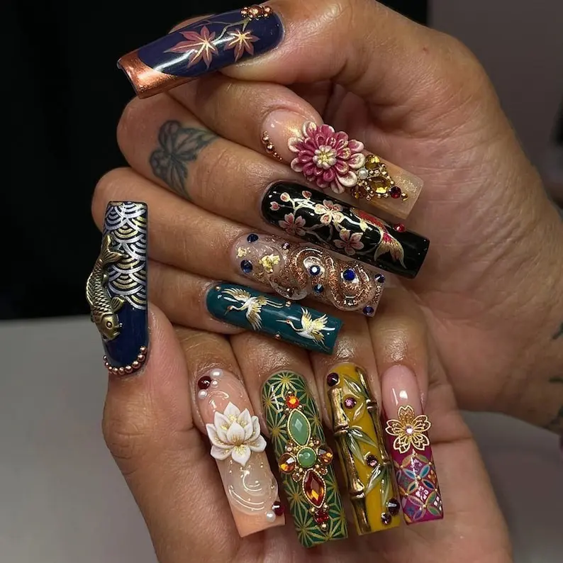 Luxury Japanese Garden Press On Nails | 3D Koi Fish Lotus Crane Nail Art | Jeweled Floral Long Coffin Nails | Maximalist Asian Inspired Fake Nail Set