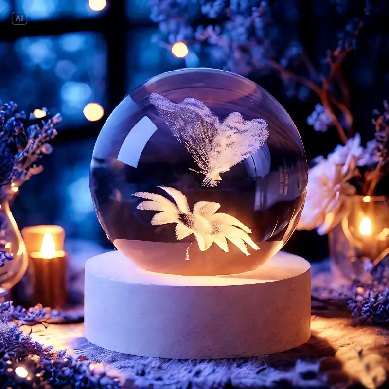 60mm 3D Butterfly Crystal Ball Figurine Night Light with Colorful Lights, Beautiful Lighting, Stunning Visual Effect, Ideal Gift for Women, Home & Festive Decoration, Fathers Day & Graduation Gifts