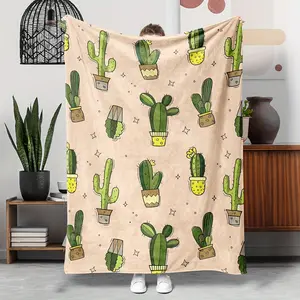 Halloween Cactus Print Flannel Throw Blanket, Soft Cozy Lightweight Sofa Bed Office Blanket, All-Season, Washable, Cartoon Cactus & Succulent Design