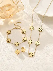 Elegant Gold Quatrefoil Matching Jewelry Set, Minimalist Clover Charm Necklace Bracelet Earrings, Daily & Party Wear Accessory