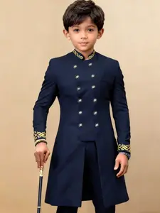 African Style Boys Notched Collar Double-Breasted Suit, Navy Color with Gold Thread Embroidery Long Blazer Set for Special Occasions, Cultural Richness