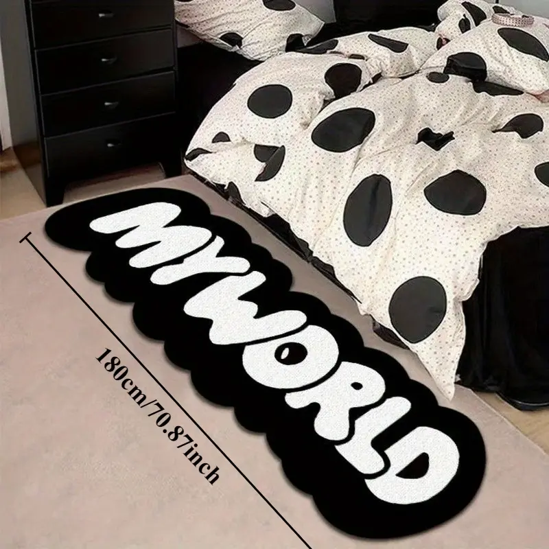 ins trend black and white letter bedside carpet creative "MY WORLD" English bedroom decoration plush carpet fluffy soft living room carpet irregular washable lounge non-slip floor mat
