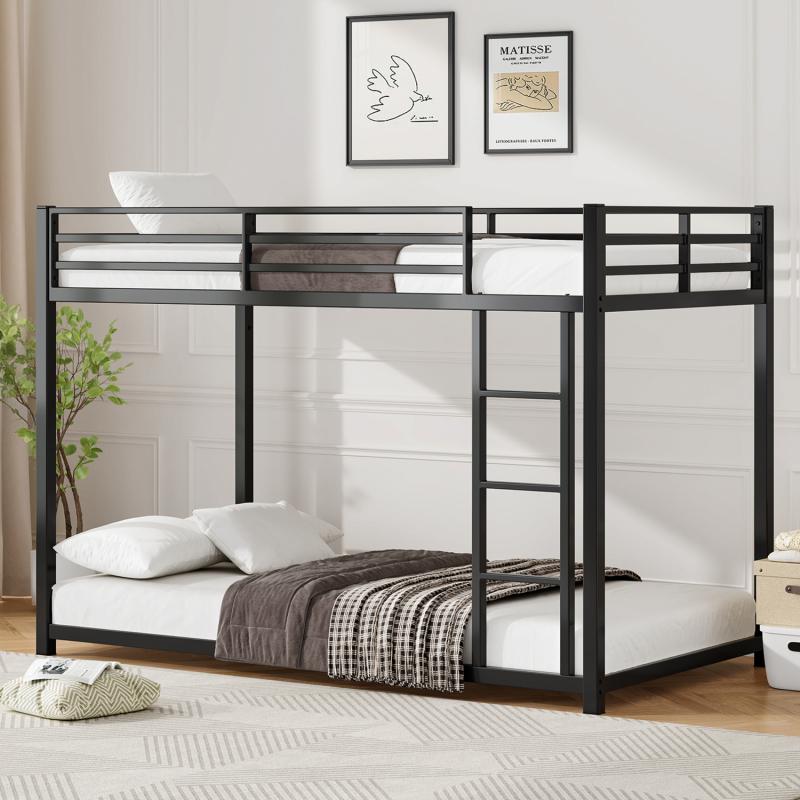Twin Over Twin Metal Bunk Bed, Low Bunk Bed with Ladder, Black, Sturdy Steel Construction, Safe Design, Easy Assembly, 250lb Upper Bed Capacity, 350lb Lower Bed Capacity