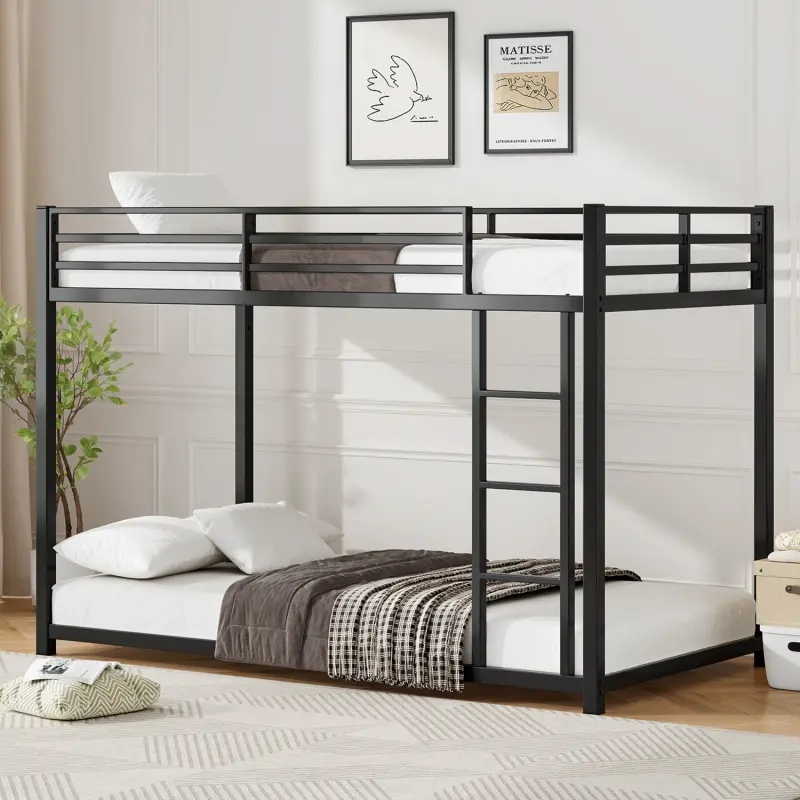 Twin Over Twin Metal Bunk Bed, Low Bunk Bed with Ladder, Black, Sturdy Steel Construction, Safe Design, Easy Assembly, 250lb Upper Bed Capacity, 350lb Lower Bed Capacity