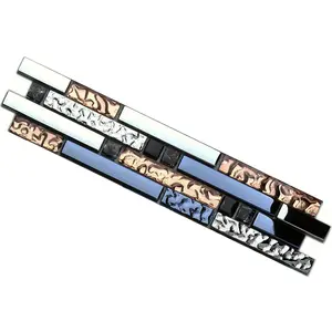 Glossy Glass Linear Wall Tiles Chrome Silver Bathroom Shower Tile Rose Gold and Dark Blue Mosaic Kitchen Backsplash Decor Decorative Smooth Sticker