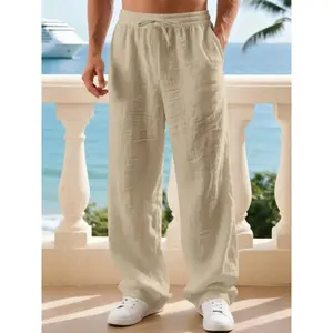 Men's Linen Plain Relaxed Fit Classic Casual Straight Leg Pants - Breathable Casual Comfy Trouser, Ideal for Outdoor Travel, Daily Wear