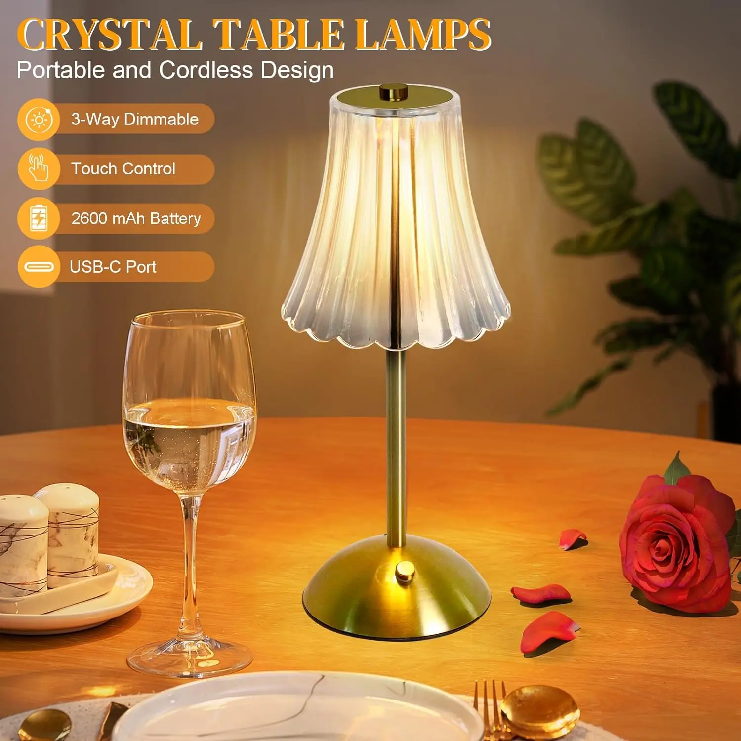 Cordless Crystal Table Lamp Wedding Christmas Led lights Bedroom Gold Touch Dimmable LED Energy Saver, Indoor Wireless Decorative Lamp for Bedroom, Centerpiece Dining Table, Home Decor Items, Mood Lighting