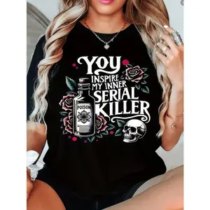 funny plus size womens you   my inner killer graphic tee edgy skull roses   fabric casual crew neck short sleeve top for   wear spring summer fashion   black -1