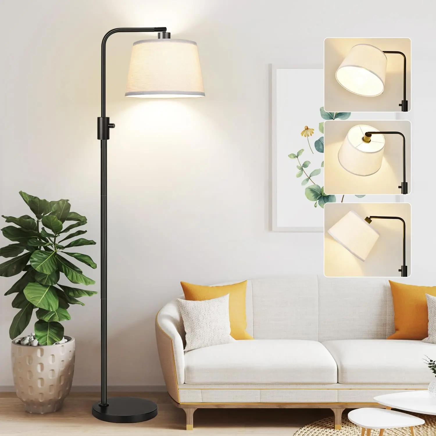 Upgraded Dimmable Floor Lamp, 1000 Lumens LED Edison Bulb Included, Arc Floor Lamps for Living Room Modern Standing Lamp with Linen Shade, Tall Lamp for Bedroom Office Dining Room- Black Home Decor Light Adjustable Leds