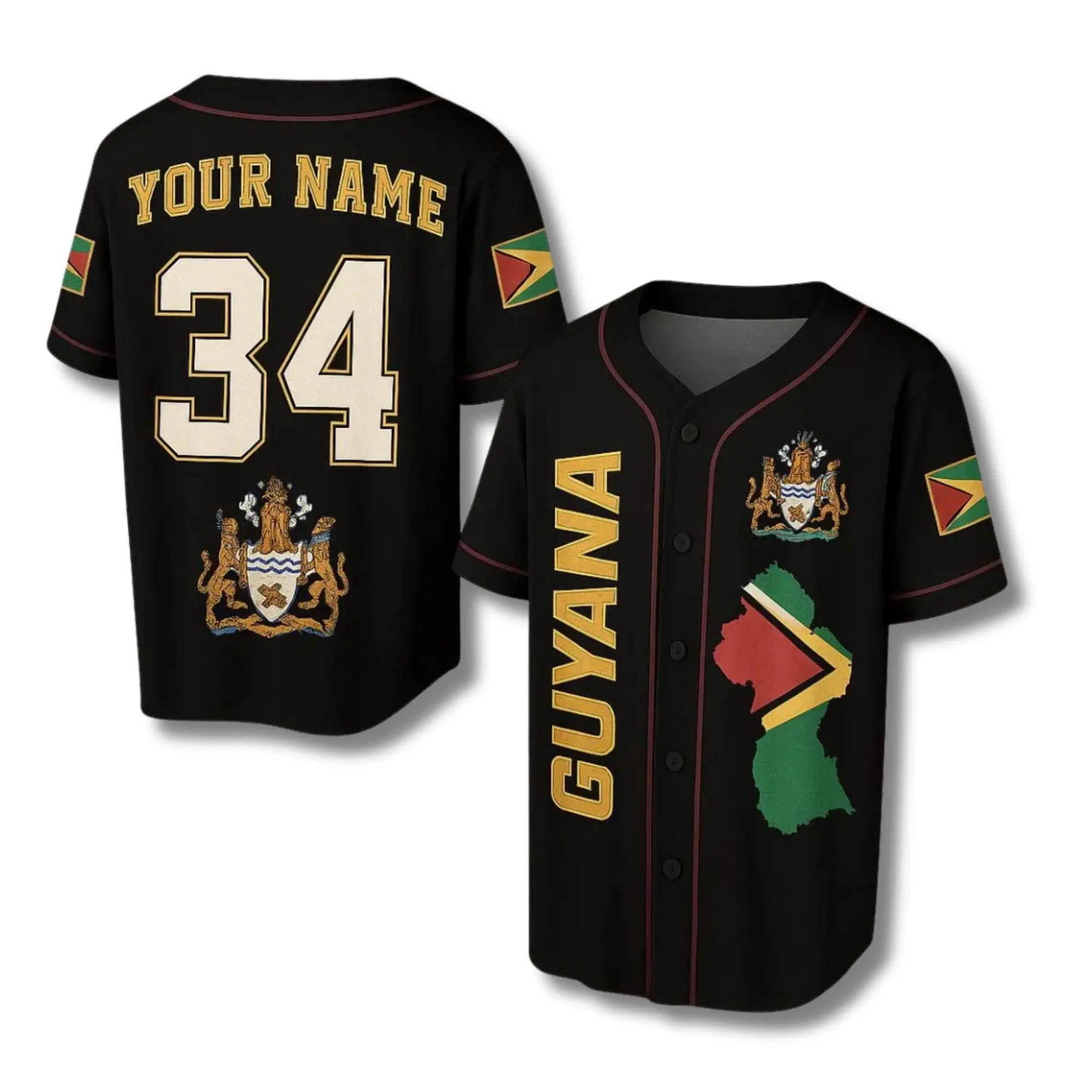 Custom Guyana Baseball Shirt | Personalized Guyanese Flag Jersey | Guyana Map & Coat of Arms Button Up | Custom Caribbean Heritage Gift for Him Her