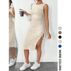 Women's Drawstring Ruched Split Thigh Tank Dress, Solid Sleeveless Round Neck Bodycon Dress, Sundress, Dresses for Women, Ladies Clothes for Summer, WomenswearRAIMENTRY