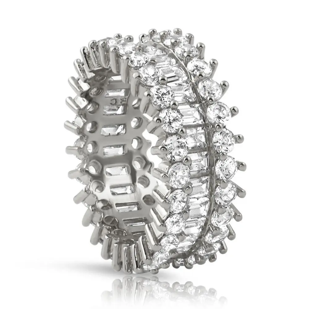 Women's Custom Baguette Cubic Zirconia Chunky Eternity Band - Rhodium Metal Coating Iced Out Hip Hop Costume Fashion Jewelry for Women, Cubic Zirconia Rings, Blinged-Out Rings, Fashion Enthusiasts, Bust Down Style Rings