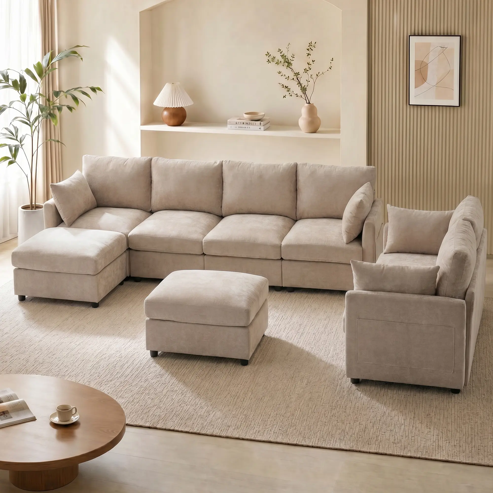 Sectional  Cloud Sofa with Ottoman – Cozy Modular Couch for Relaxing, Lounging & Everyday Living, Khaki