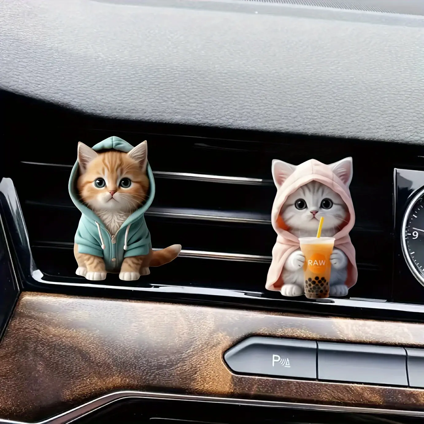 2-Pack Cute Hoodie Cat & Boba Tea Acrylic Vent Clip Air Fresheners for Automobile A/C Outlets, Compressed Scent Tablet - Decorative Vehicle Air Freshener Clips, Aesthetic Automotive Interior Accessories