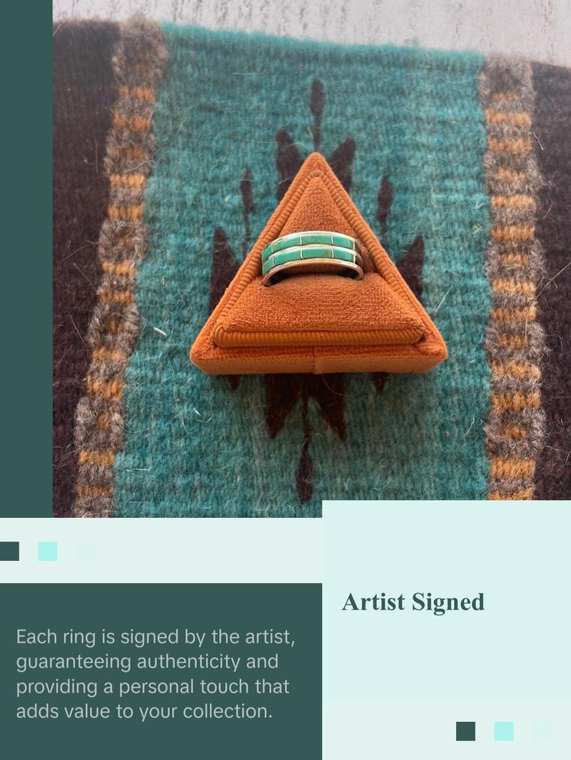 Zuni Double Row Green Turquoise 8 Stone Inlay Ring