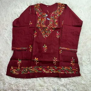 Pure Cotton Chickankari Handmade Short Tops 30 Inch Length Casual Wear with Vibrant Embroidery Details