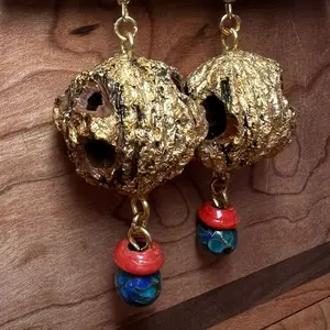 Handmade Black Walnut Shell Gold Leaf Earrings with Repurposed Beads in Blue and Orange