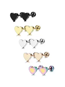 1/5Pairs Cute Fashion 16G Love Heart Stud Earrings for Women Girls, Screw Back Cartilage Tragus Conch Helix Ear Piercing Jewelry, Heart Shape Earrings