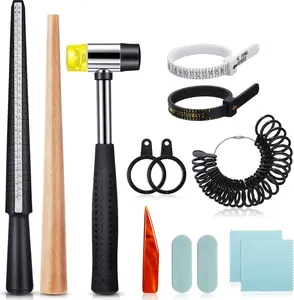 11 Pieces Metal Us UK Ring Mandrel Set, Size 1-13 with Half Size Ring Sizer Gauge Jewelry Mandrel Jewelry Hammer Adjuster Polishing Cloth Polishing Stick Polished Agate Knife Measuring Tool(Black)
