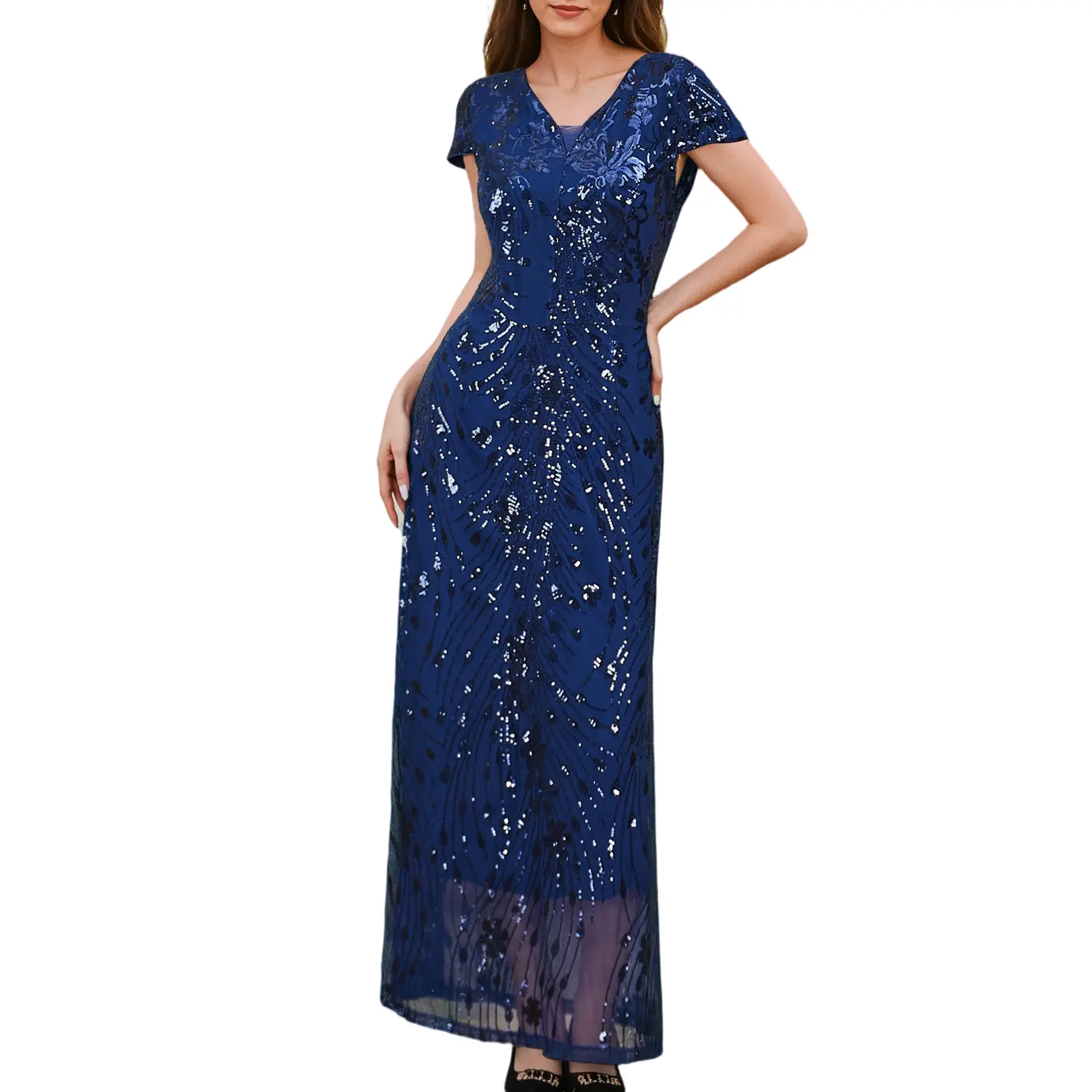 Formal Dresses,Blue Sequin Prom Dress for Women,Long V-Neck Formal Evening Gown&Ball Gown LE-LQ240 Glitter