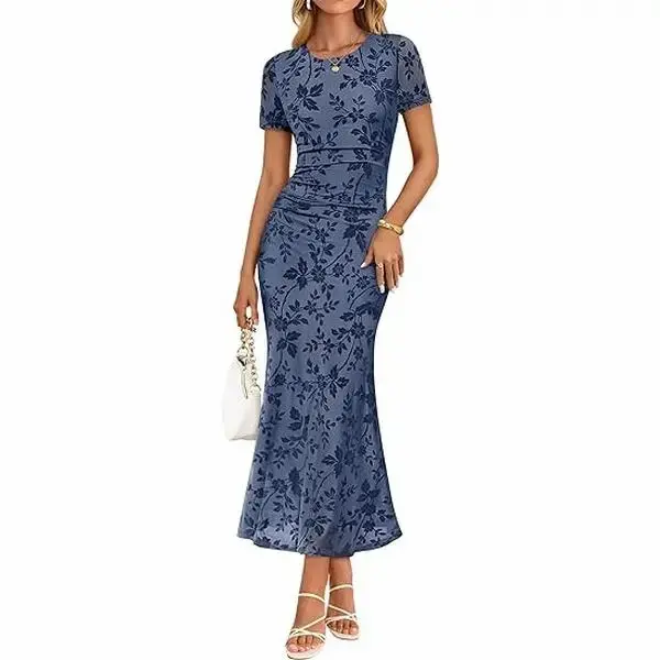 HarSum Women's Summer Short Sleeve Floral Bodycon Dress 2026 Ruched Mesh Wedding Guest Cocktail Party Maxi Dresses