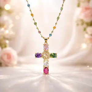 Rainbow Cross Pendant Necklace Sparkling Necklace with Exquisite Gift Box Elegant Design Versatile Wear for Special Occasions Accessories for Women Valentines&birthday easter Boujee Gifts for gf and Mother's Day