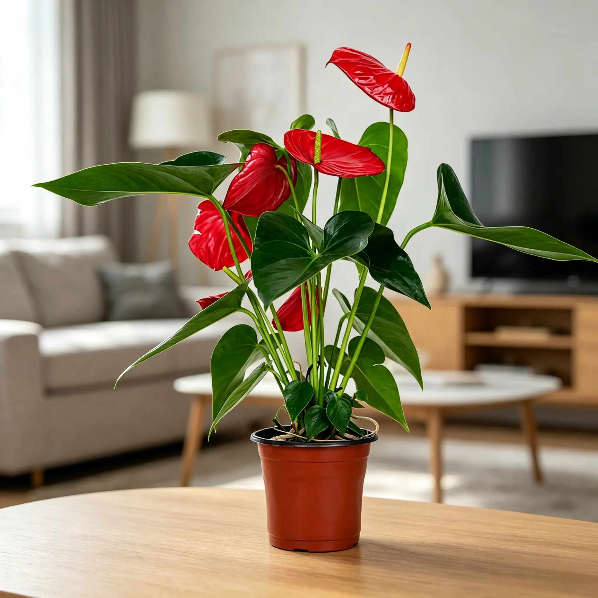 LZ13  4 Inch Red Anthurium Live Plant in Nursery Pot, Tropical Indoor Houseplant, Beginner Friendly Plant for Home Gardening, Decorative Foliage Plant for Living Room Office Bedroom, Live Rooted Anthurium for Plant Lovers