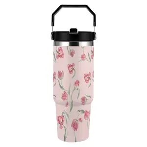 Watercolor Tulip 30oz Insulated Tumbler with Handle Car Cup Essential Mega Capacity Dual Lid Design Perfect Gift for Flower Lovers