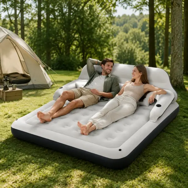 Inflatable Air Mattress with Backrest and Built-in Pillow, Queen Size Air Bed for Adults, Raised Air Mattress with Comfortable Headboard, Portable Blow Up Bed for Home, Guest Room, Camping and Travel