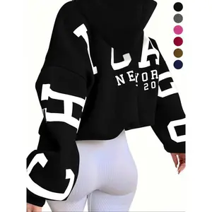Women’s letter-print drawstring off-shoulder long-sleeve hooded sweatshirt; casual warm lined kangaroo-pocket hoodie; women’s autumn–winter everyday wear; patterned hooded sweatshirt; black top; hooded streetwear GARMENTARY