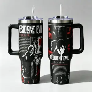 Resident Evil Requiem 40oz Tumbler With Handle & Straw, Horror Game Stainless Steel Travel Mug, Survival Zombie Gamer Cup, Double Wall Insulated Leakproof Mug, Black Retro Gaming Fan Gift Cup