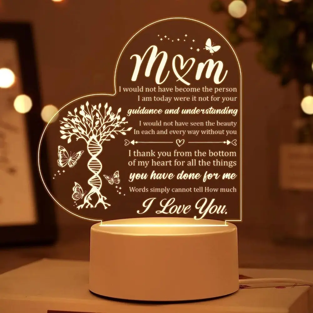Engraved Acrylic LED Night Light - LED Warm Light Decoration Lamp, Bedroom Decor Plaque Sign, Gifts for Women for Mom on Mother's Day Thanksgiving