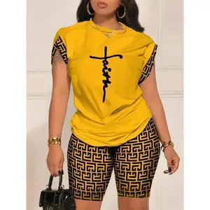 [Two piece geographical print set] Geographical print set, casual short sleeved T-shirt and bicycle shorts set, women's clothing