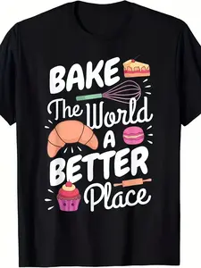 Funny Baking Chef "Bake The World A Better Place" Graphic T-Shirt - Unisex Retro Baking-Themed Tee with Cupcake, Donut & Pastry Design - with Print Casual Crew Neck Short Sleeve Shirt for Bakers, Pastry Chefs & Baking Enthusiasts - All-Season Fit