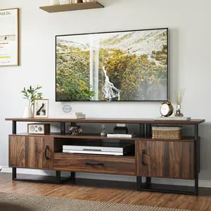 Mid Century Modern TV Stand - 75 Inch Entertainment Center with Storage & Drawer, Industrial Console for Living Room, Rustic Brown Finish