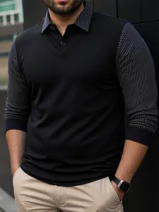 Men's Casual Long Sleeve Polo Shirt, Fake Two-Piece Design Striped Colorblock Sleeves, Comfortable Versatile Simple Fashion