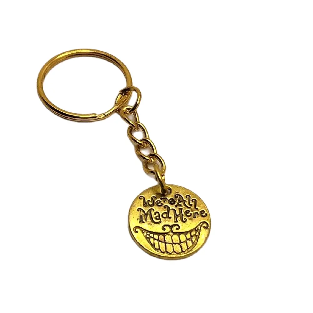 "We're All Mad Here" Vintage Enamel Charm Keychain with Metal Coating - Book Gift Ideas for Alice in Wonderland Fans, Unique Holiday Letter & Various Patterns Christmas Present