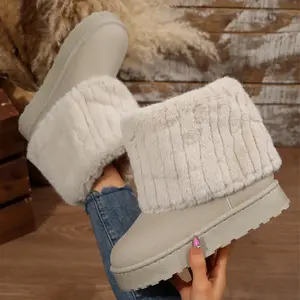 Womens Winter Platform Snow Boots Fuzzy Fleece Warm Indoor Outdoor Shoes Slip-On Comfy Flat Booties