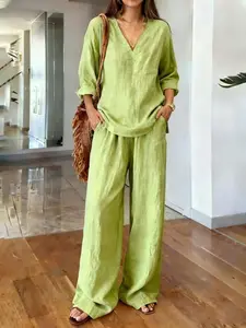 Women's Solid Two-Piece Set, Casual V-Neck Top and Wide Leg Pants, Summer Loose Fit, Soft, Comfortable and Stylish Clothing